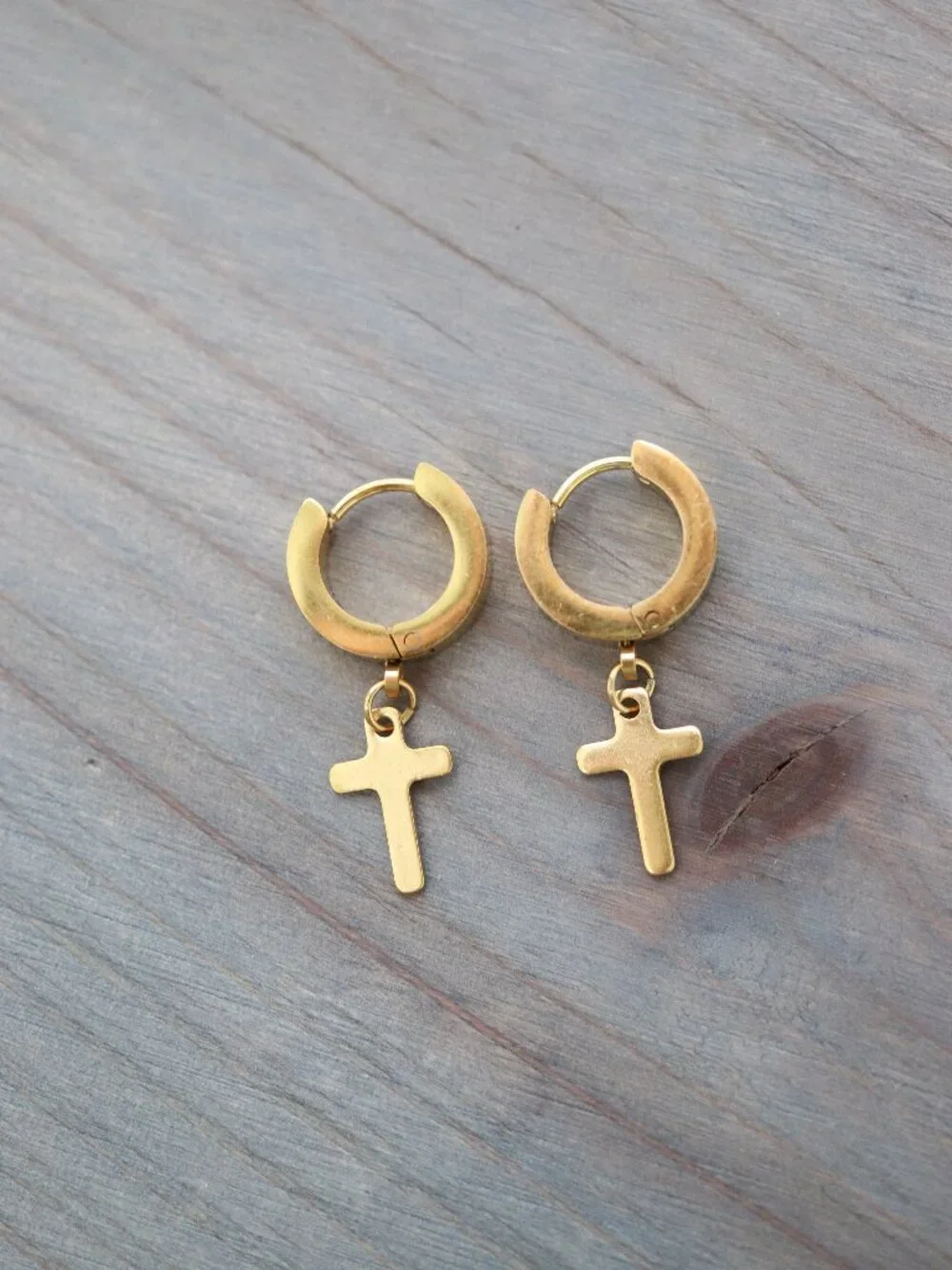 10mm Cross Charm Huggie Dangling Earrings 18k Gold Plated Stainless Steel